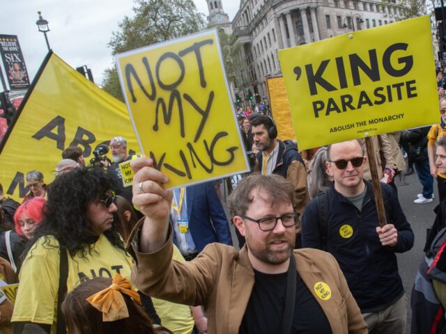 LONDON, ENGLAND - MAY 6: Supporters of the Republic pressure group protest against the coronation on the edge of Trafalgar Square at the top of Whitehall on May 6, 2023 in London, England. The Coronation of Charles III and his wife, Camilla, as King and Queen of the United Kingdom …