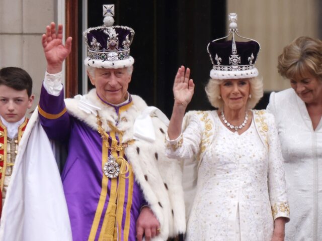 LONDON, ENGLAND - MAY 06: King Charles III and Queen Camilla can be seen on the Buckingham