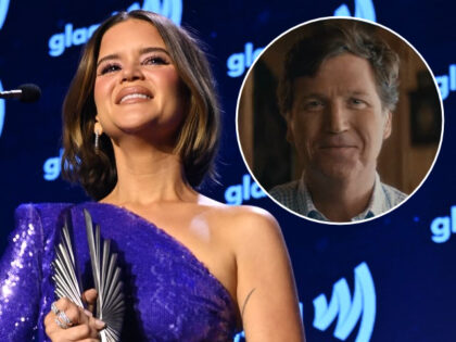 (INSET: Tucker Carlson) Maren Morris accepts her award for media excellence during the 34th Annual GLAAD Media Awards at New York Hilton on May 13, 2023 in New York City. (Photo by Bryan Bedder/Getty Images for GLAAD)