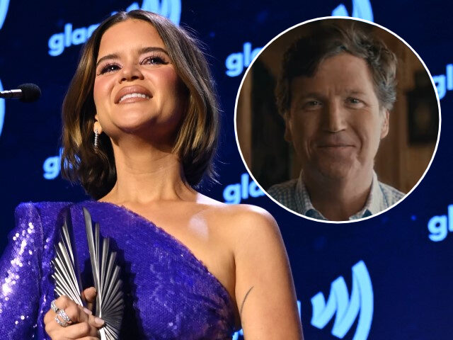 (INSET: Tucker Carlson) Maren Morris accepts her award for media excellence during the 34t