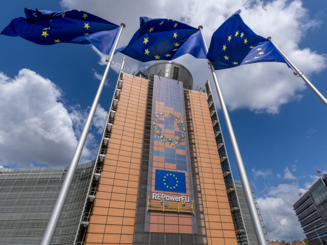 BRUSSELS, BELGIUM – MAY 16: European flags fly in front of the Berlaymont building, named after the Convent of the Ladies of Berlaymont, which houses the headquarters of the European Commission on May 16, 2023 in Brussels, Belgium. The European Union bodies define the direction and political priorities of Europe …