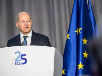 FRANKFURT AM MAIN, GERMANY - MAY 24: German Cancellor Olaf Scholz speaks during the celebrations of the 25th anniversary of the European Central Bank (ECB) on May 24, 2023 in Frankfurt, Germany. The ECB began work in 1998 in preparation for the introduction of Europe's single currency, the Euro, which …