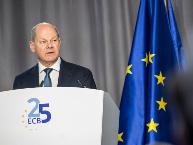 FRANKFURT AM MAIN, GERMANY - MAY 24: German Cancellor Olaf Scholz speaks during the celeb