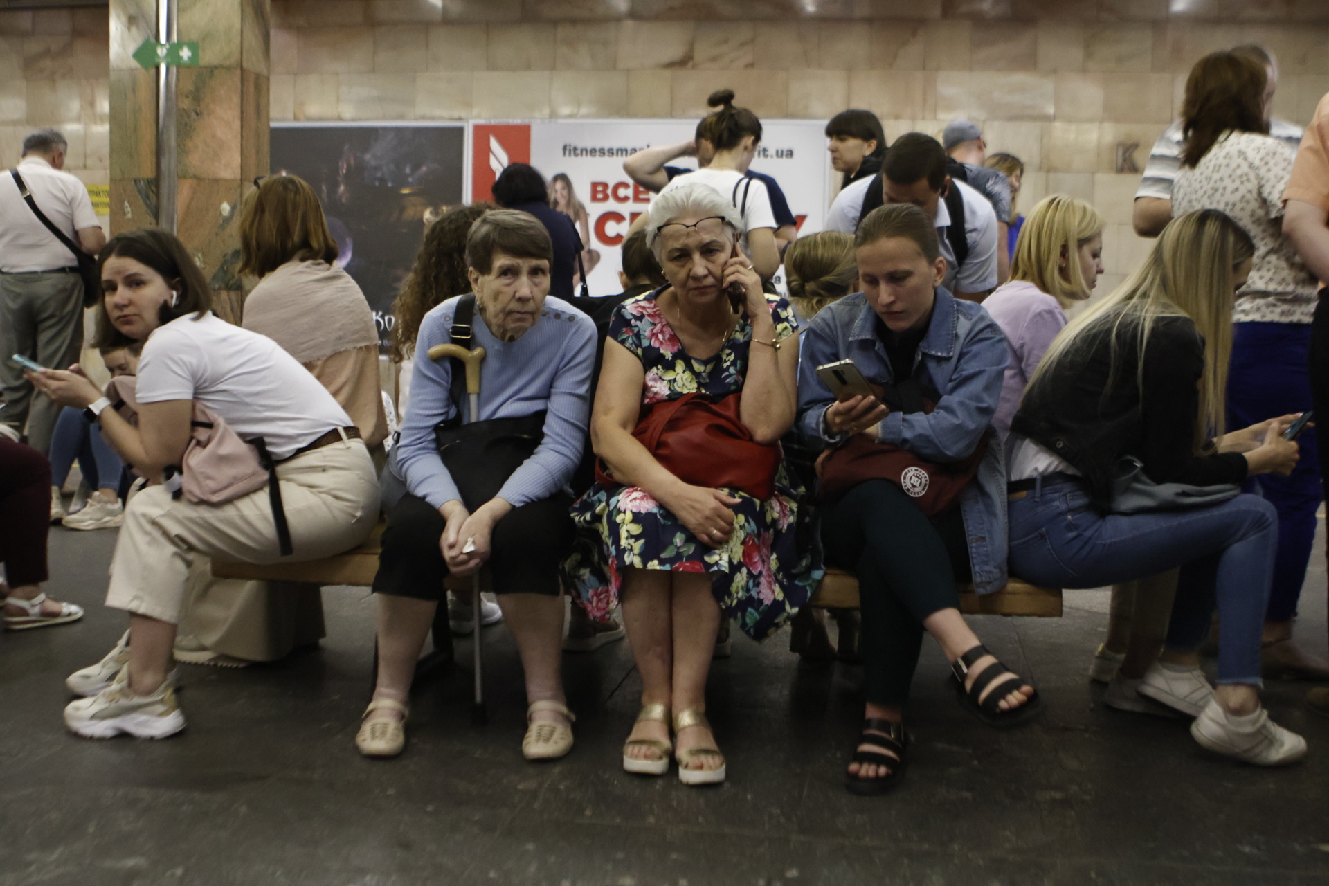 KYIV, UKRAINE – MAY 29: People take shelter in a metro station during an air alert on May 29, 2023 in Kyiv, Ukraine. During the day, Russian troops launched 11 ballistic missiles from the northern direction, which were managed to be destroyed by the means of Ukrainian air defense. (Photo by Yan Dobronosov/Global Images Ukraine via Getty Images)
