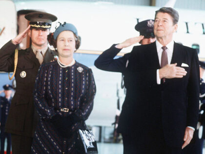 SACRAMENTO - UNDATED: (FILE PHOTO) Her Majesty Queen Elizabeth II stands with President Ronald Reagan in March 1983 during her visit to Sacramento, California. (Photo by Anwar Hussein/Getty Images)