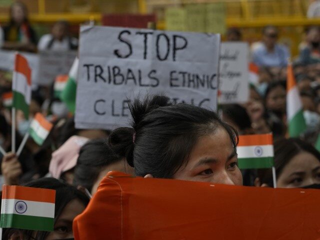 Member of the Kuki tribe hold Indian flags during a sit-in protest against the killing of
