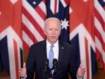WASHINGTON, DC - SEPTEMBER 15: U.S. President Joe Biden speaks during an event in the East Room of the White House September 15, 2021 in Washington, DC. President Biden delivered his remarks to highlight a new national security initiative in partnership with Australia and the United Kingdom.