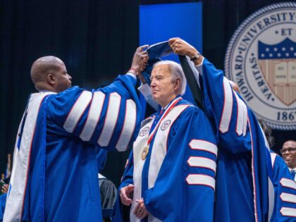 US President Joe Biden receives an honorary Doctorate of Letters during the Howard University commencement convocation in Washington, DC, US, on Saturday, May 13, 2023. Biden cast American democracy as under attack, echoing themes from both his 2020 campaign and his nascent reelection bid in a speech at Howard University's …