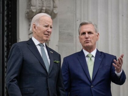WASHINGTON, DC - MARCH 17: (L-R) U.S. President Joe Biden and Speaker of the House Kevin McCarthy (R-CA) talk as they depart the U.S. Capitol following the Friends of Ireland Luncheon on Saint Patrick's Day March 17, 2023 in Washington, DC. The Friends of Ireland caucus was founded in 1981 …