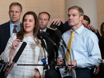WASHINGTON, DC - NOVEMBER 20: Rep. Elise Stefanik, (R-NY), left, and Rep. Jim Jordan (R-OH), right, speak with reporters following the testimony of Gordon Sondland, the U.S ambassador to the European Union, before the House Intelligence Committee in the Longworth House Office Building on Capitol Hill November 20, 2019 in …