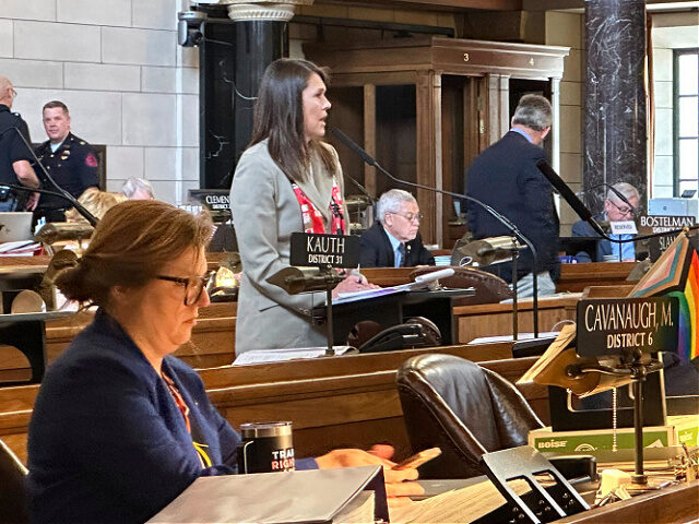Sen. Kathleen Kauth of Omaha, a freshman lawmaker, speaks, Friday, May 19, 20230, in Linco