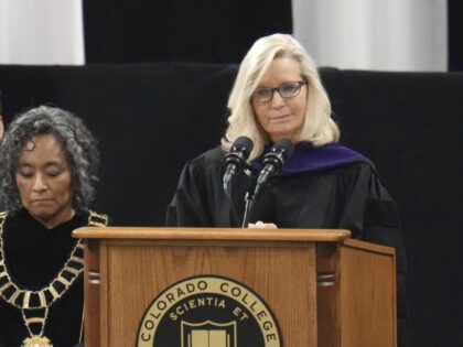 Former Rep. Liz Cheney (R-WY) delivers the commencement address at Colorado College, Sunday, May 28, 2023, in Colorado Springs, Colo. (Jack Dempsey/AP)