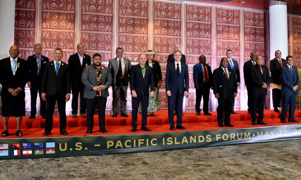 Papua New Guinea's Prime Minister James Marape (front 3rd R), US Secretary of State Antony Blinken (front C), leaders from Pacific Islands and representatives from New Zealand and Australia pose for photos during the US-Pacific Islands Forum at the APEC Haus in Port Moresby on May 22, 2023. (Photo by Andrew KUTAN / AFP) (Photo by ANDREW KUTAN/AFP via Getty Images)