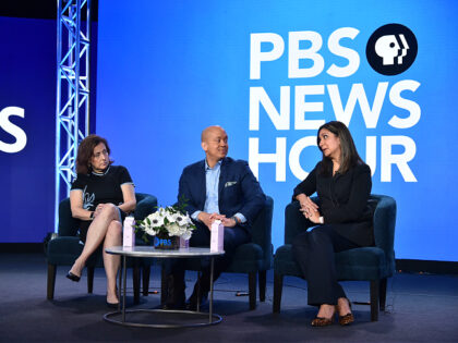 Sara Just, from left, Geoff Bennett and Amna Nawaz participate in the "PBS Newshour" panel during PBS segment of the Winter Television Critics Association Press Tour, on Monday, Jan.16, 2023, at the Langham Huntington Hotel in Pasadena, Calif. (Photo by Richard Shotwell/Invision/AP)