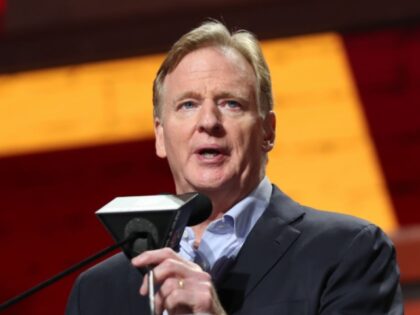 KANSAS CITY, MO - APRIL 27: Commissioner Roger Goodell announces a pick for the Washington Commanders in the first round of the NFL Draft on April 27, 2023 at Union Station in Kansas City, MO. (Photo by Scott Winters/Icon Sportswire)