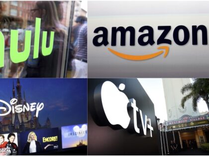 This combination photo shows, clockwise from top left, the Hulu logo on a window at the Milk Studios space in New York, the Amazon logo in Santa Monica, Calif., the Apple TV+ logo displayed outside the Regency Village Theatre in Los Angeles before the premiere of the the Apple TV+ …