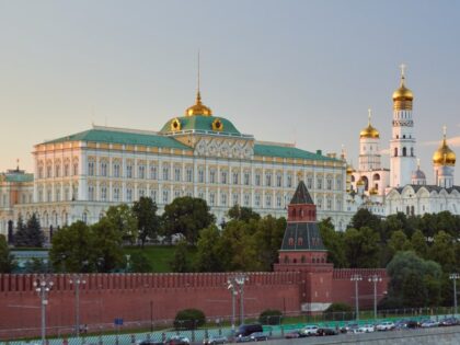 View of the Moscow Kremlin from the Bolshoy Kamenny Bridge at sunset. UNESCO World Heritage Site Ref 545. Moscow, Russia. (Max Ryazanov via Getty)