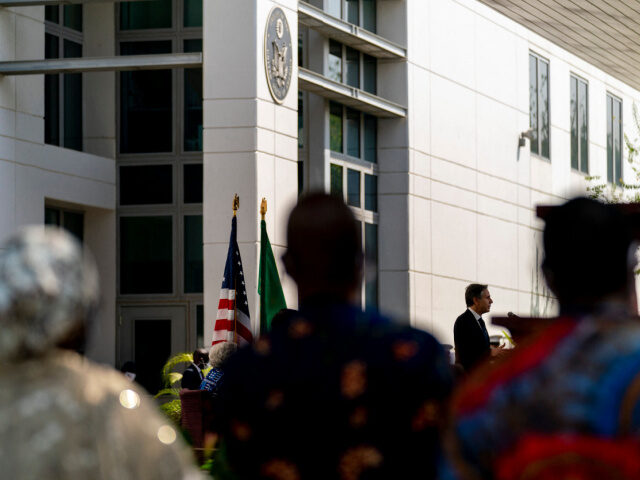 US Secretary of State Antony Blinken speaks with members of civil society at the US Embass