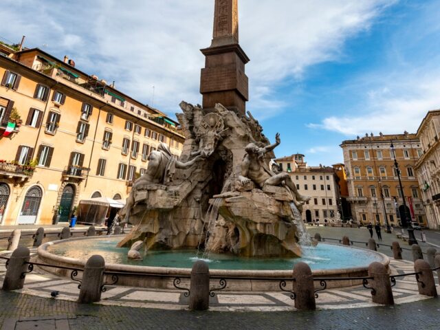 ROME, ITALY - 2020/04/30: A view of the Fountain of the Four Rivers of Gian Lorenzo Bernin