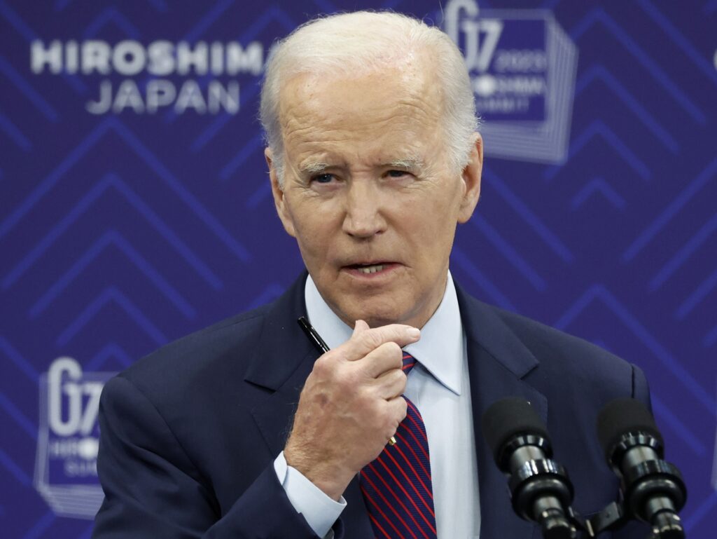 US President Joe Biden speaks during a news conference following the Group of Seven (G-7) leaders summit in Hiroshima, Japan, on Sunday, May 21, 2023. Biden called Republican demands for sharp spending cuts unacceptable and said he'll talk with House Speaker Kevin McCarthy about debt-ceiling and budget negotiations on his flight back from Japan. Photographer: Kiyoshi Ota/Bloomberg via Getty Images
