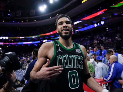 Boston Celtics' Jayson Tatum reacts after Game 3 in an NBA basketball Eastern Conference semifinals playoff series against the Philadelphia 76ers, Friday, May 5, 2023, in Philadelphia. (AP Photo/Matt Slocum)