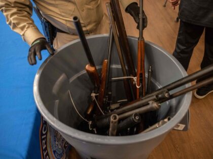 US-WEAPONS-BUYBACK Firearms are collected during a statewide gun buyback event held by the office of the New York State Attorney General, in the Brooklyn borough of New York on April 29, 2023. - Some 90 firearms and parts were turned in during a 3-hour event. (YUKI IWAMURA/AFP via Getty Images)