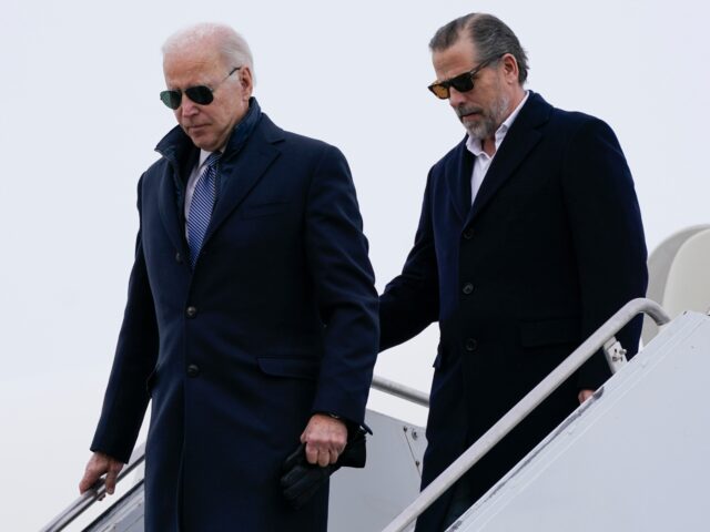 President Joe Biden and his son Hunter Biden step off Air Force One, Saturday, Feb. 4, 2023, at Hancock Field Air National Guard Base in Syracuse, N.Y. The Bidens are in Syracuse to visit with family members following the passing of Michael Hunter, the brother of the president's first wife, …