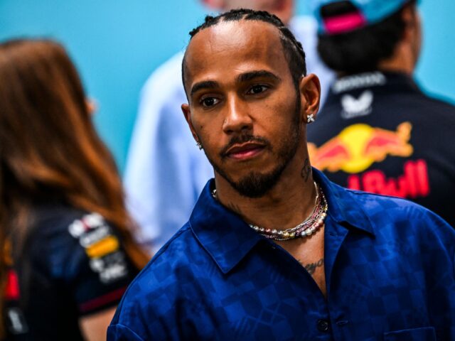 Mercedes' British driver Lewis Hamilton talks to media at the Miami International Autodrom