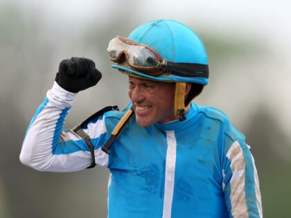 LOUISVILLE, KENTUCKY - MAY 06: Jockey Javier Castellano celebrates aboard Mage #8 after winning the 149th Kentucky Derby at Churchill Downs on May 06, 2023 in Louisville, Kentucky. (Photo by Rob Carr/Getty Images)