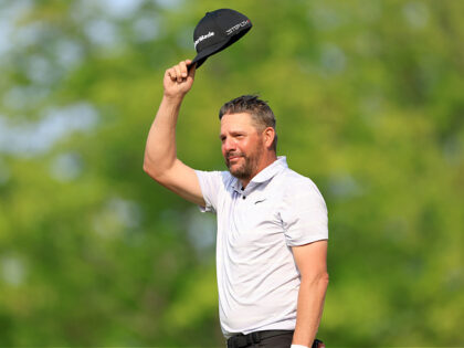 ROCHESTER, NEW YORK - MAY 21: Michael Block of The United States celebrates his tee shot o
