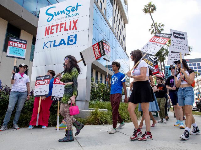 Writers Guild of America members and supporters on a picket line outside Netflix/Sunset Br