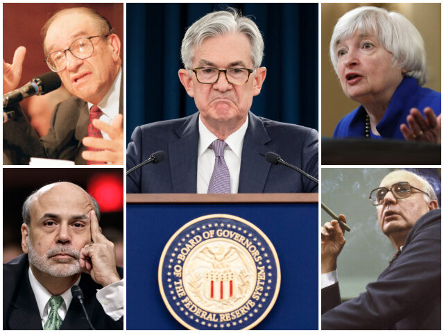 From clockwise from top left: Federal Reserve Chairs Alan Greenspan, Jerome Powell, Janet