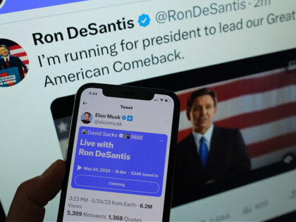 This illustration photo shows the live Twitter talk with Elon Musk on a background of Ron DeSantis as he announces his 2024 presidential run on his Twitter page, May 24, 2023 in Los Angeles, California. Republican Ron DeSantis kicked off his 2024 presidential campaign May 24, 2023 with a live …
