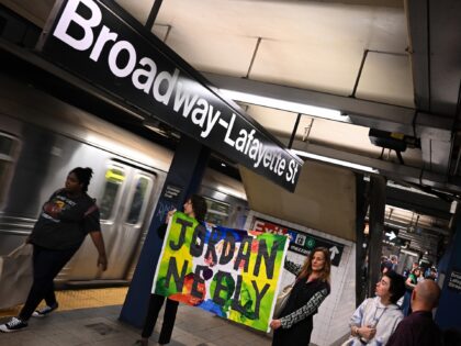NEW YORK, NEW YORK - MAY 06: Protesters hold "Jordan Neely" signs at the Broadway/Lafayette Street subway station during a "Justice for Jordan Neely" protest on May 06, 2023 in New York City. More than 15 people were arrested throughout the day with most arrests happening in the subway station …