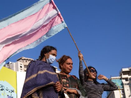 Sarah Gill, a trans activist, stands on stage with other members of the trans community at the Aurat March for International Women's Day on March 08, 2021 in Karachi, Pakistan. Transgender women are subject to discrimination, violence, and systemic exclusion in Pakistan -- a country that ranks among the most …