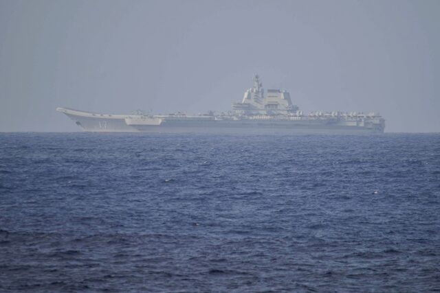 China's Shandong aircraft carrier is pictured here in April 2023 in the Pacific Ocean, abo