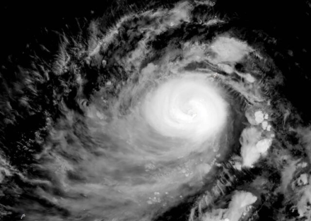 This satellite image shows Typhoon Mawar, over Guam on May 24, 2023, at 11:40 UTC -- Mawar