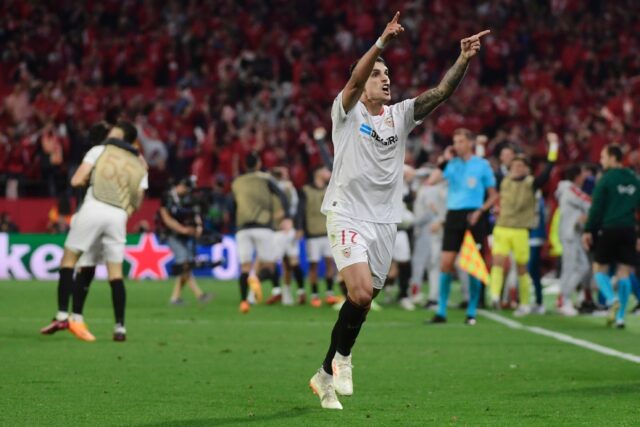 Sevilla' Erik Lamela celebrates scoring his team's second goal to fire the Andalucians int