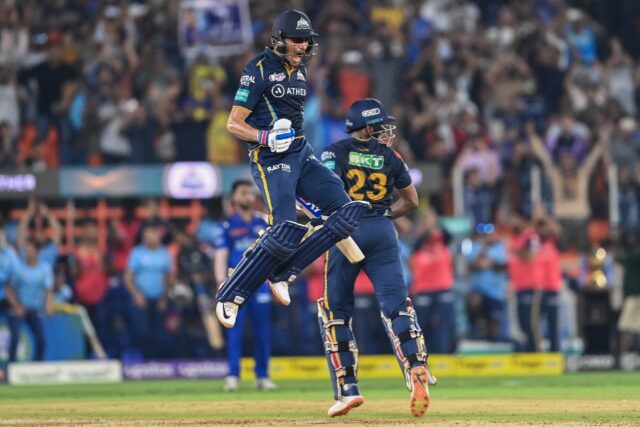 Shubman Gill celebrates after scoring a century against Mumbai Indians