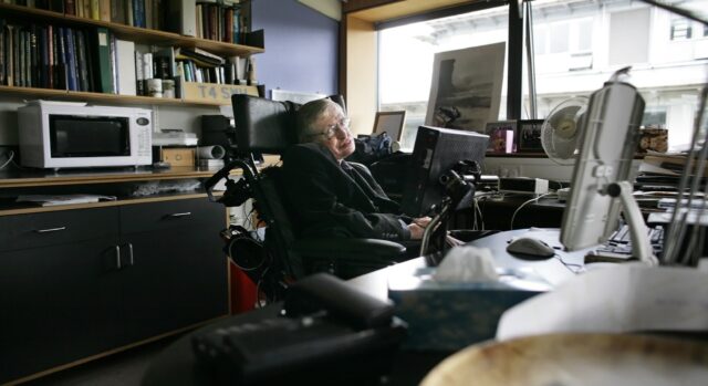 Stephen Hawking in his Cambridge office, where he first met his final collaborator Thomas