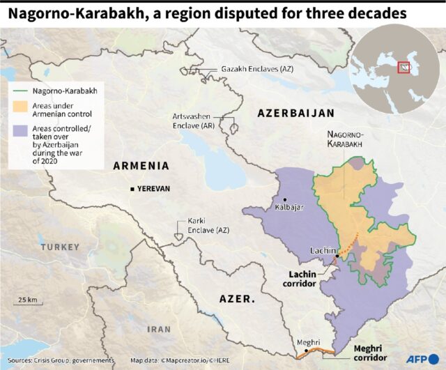 Territories controlled by Armenia and Azerbaijan since the war between the two states in 2