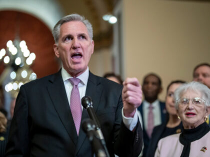 FILE - Speaker of the House Kevin McCarthy, R-Calif., joined at right by Rep. Virginia Foxx, R-N.C., chair of the House Education Committee, talks to reporters after the House narrowly passed the "Parents' Bill of Rights Act," at the Capitol in Washington, March 24, 2023. McCarthy says he’s growing increasingly …