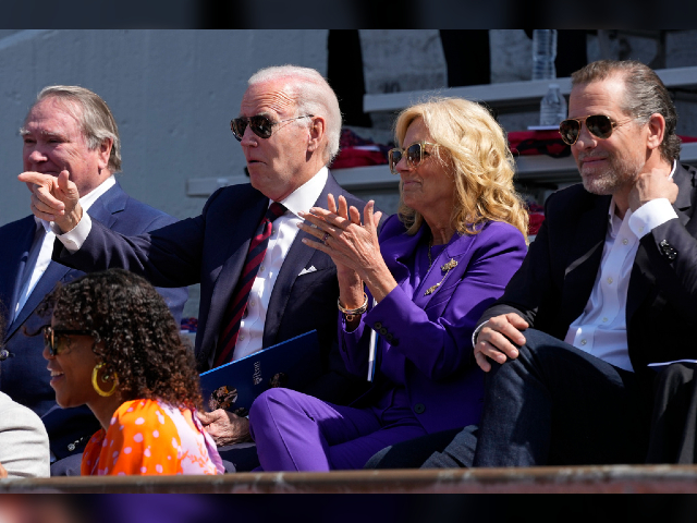 President Joe Biden attends his granddaughter Maisy Biden's commencement ceremony with first lady Jill Biden and his son Hunter Biden at the University of Pennsylvania in Philadelphia, Monday, May 15, 2023. (AP Photo/Patrick Semansky)