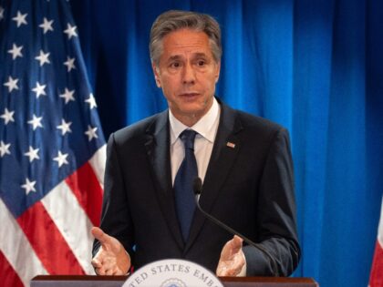 Antony Blinken, US secretary of state, speaks during a news conference in Beijing, China,
