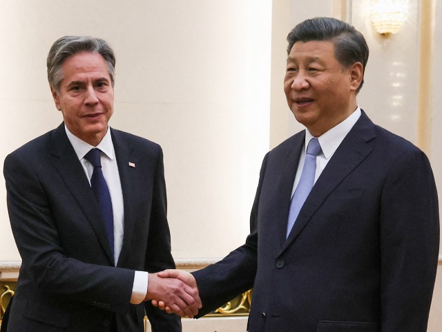 US Secretary of State Antony Blinken (L) shakes hands with China's President Xi Jinping at the Great Hall of the People in Beijing on June 19, 2023. President Xi Jinping hosted Antony Blinken for talks in Beijing on June 19, capping two days of high-level talks by the US secretary of state with Chinese officials. (Photo by Leah MILLIS / POOL / AFP) (Photo by LEAH MILLIS/POOL/AFP via Getty Images)