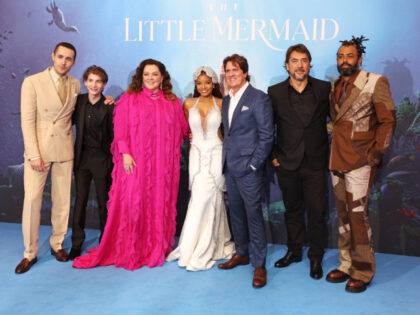 L to R) Jonah Hauer-King, Jacob Tremblay, Melissa McCarthy, Halle Bailey, Rob Marshall, Javier Bardem and Daveed Diggs attend the UK Premiere of "The Little Mermaid" at Odeon Luxe Leicester Square on May 15, 2023 in London, England. (Photo by Hoda Davaine/Dave Benett/WireImage)