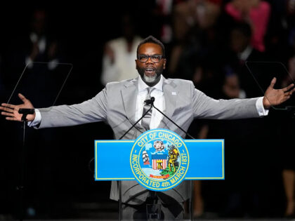 Brandon Johnson gestures during his inaugural address after taking the oath of office as C