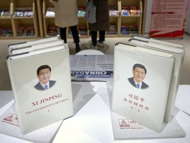 Copies of the book "The Governance of China" by Chinese President Xi Jinping are