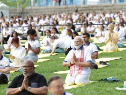Indian Prime Minister Narendra Modi performs yoga at the United Nations headquarters in New York, June 21, 2023.