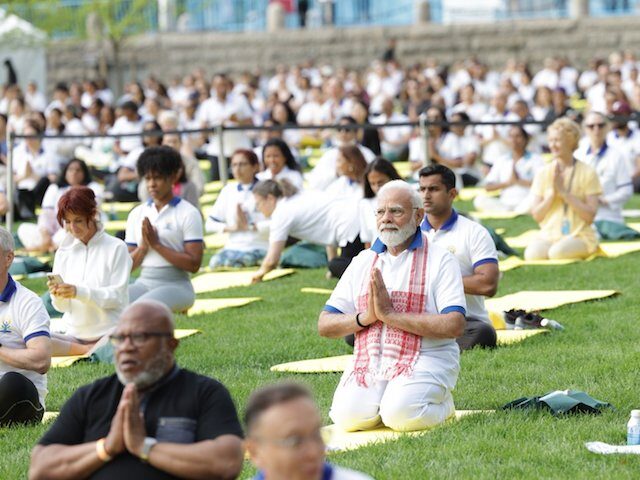 Indian Prime Minister Narendra Modi performs yoga at the United Nations headquarters in Ne